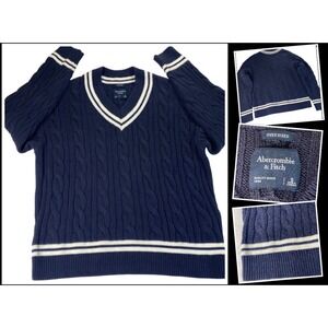 Abercrombie Fitch Y2K Style Cable Knit Vneck Sweater Tennis Navy Small Oversized